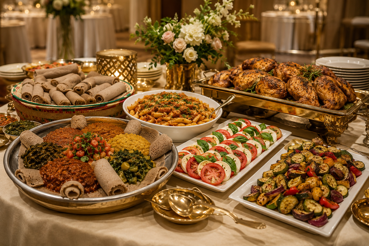 Elegant Ethiopian, Italian, and American catering buffet